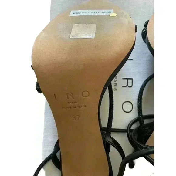 IRO PARIS IDO High Black Strass Leather Sandal Heels Rhinestones Lace Up Sz 37/7 - Picture 6 of 14